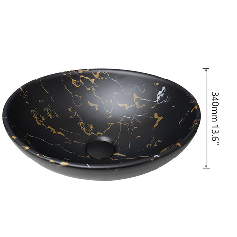 JIENI Oval Bathroom Sink Combo Marble Patterned Ceramics  Vessal Basin W/ Single Handle Hot Cold Faucet And Pop Up Drain