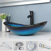 YANKSMART Blue Oval Tempered Glass Bathroom Sink Set Counter Top Lavatory Washbasin Matte Black Basin Faucet Tap W/ Pop-up Drain