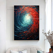 Mysterious Underwater Abstract Oil Painting Red Fish Swim In Crowds Original Design Canvas Wall Art  Handmade Abstarct Artwork