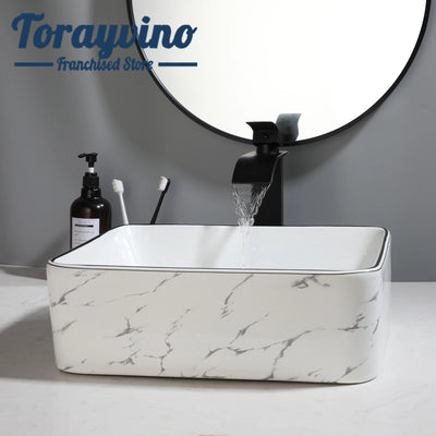 TORAYVINO Bathroom Basin Sink Faucet Set White Procelain Ceramic Vessel Sink Above Counter Bathroom Sink Matter Black Faucet