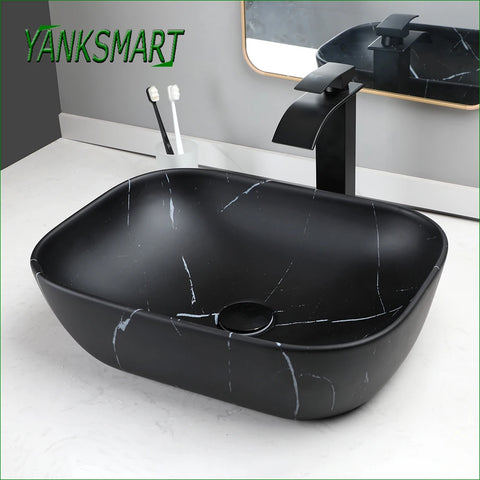 YANKSMART Marbla Bathroom Basin Sink Counter Top Ceramic Vessel Vanity with Black Mixer Waterfall Faucet and Pop-up Drain Set