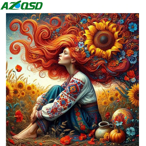 AZQSD Diamond Embroidery Sale Girl Portrait Picture Of Rhinestones Sunflower Painting Cross Stitch Home Decor Needlework