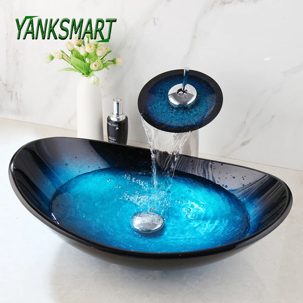 YANKSMART Tempered Glass Bathroom Sink Set Blue Oval Vessel Vanity Bowl Waterfall Black Faucet W/ Pop-Up Drain