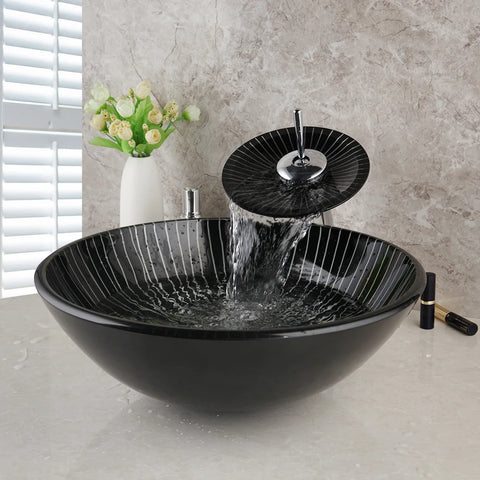 KEMAIDI Tempered Glass Basin Round/Oval/Square/Rectangular Shape White Stripes w/Hot & Cold Faucet Glass Bathroom Sink Set