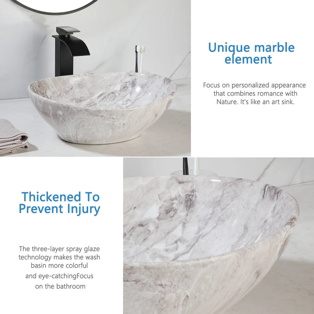 KEMAIDI Ceramic Vessel Sinks Oval Bathroom Sink Above Counter Vessel Sink with Faucet and Drain Combo 16 inch Marbling Vessel