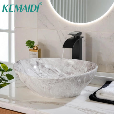 KEMAIDI Ceramic Vessel Sinks Oval Bathroom Sink Above Counter Vessel Sink with Faucet and Drain Combo 16 inch Marbling Vessel