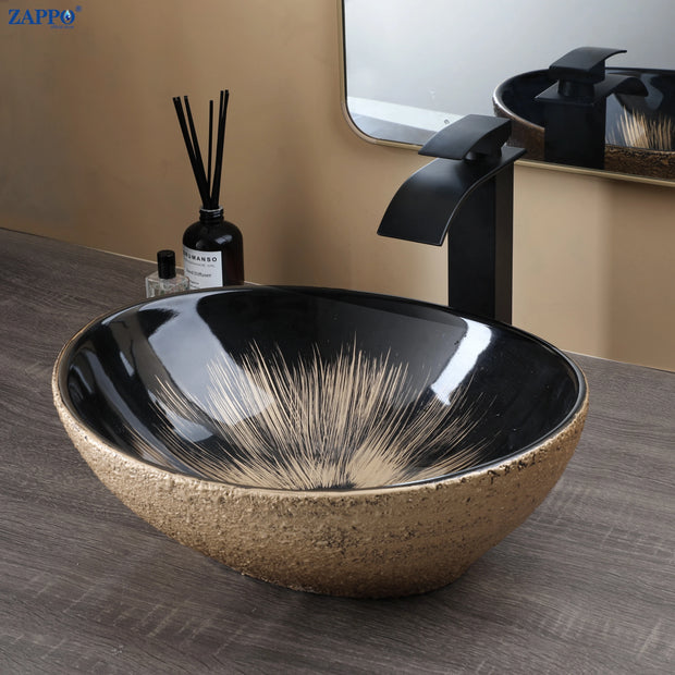 ZAPPO Marbling Rectangle Vessel Sink with Faucet Drain Ceramic Vessel Sinks Oval Bathroom Sink Bowl Above Counter with Mixer Tap