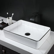 JIENI Bathroom Sink White Ceramic Basin Black Edge Rectangle Washbasin Faucet Set W/ Drainer Waterfall Outlet Hot Cold Mixer Tap