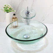 Monite Round Tempered Glass Bathroom Washbasin Sinks Countertop Transparent Glass Sink W/ Chrome Brass Waterfall Faucet Set