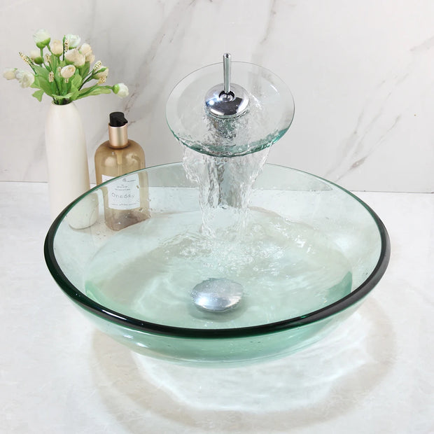 Monite Round Tempered Glass Bathroom Washbasin Sinks Countertop Transparent Glass Sink W/ Chrome Brass Waterfall Faucet Set