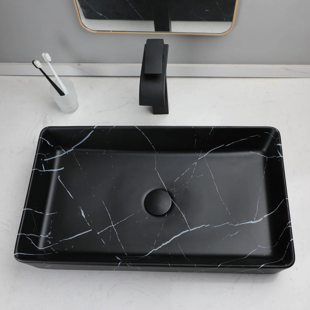 KEMAIDI Black Vanity Sink Rectangle Marble Bathroom Vessel Sink Above Counter Sinks for Bathrooms Porcelain Lavatory Faucet Set