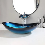 KEMAIDI Oval Blue Bathroom Vessel Sinks With Faucet Vessel Sink Bathroom Glass Sinks Boat Shape Above Counter Glass Sink Bowl