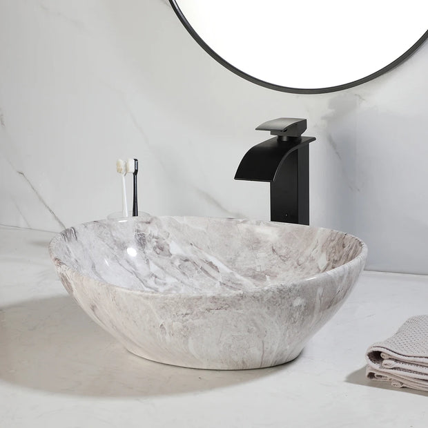 JIENI Oval Bathroom Sink Combo Marble Patterned Ceramics  Vessal Basin W/ Single Handle Hot Cold Faucet And Pop Up Drain