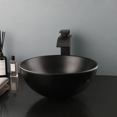 KEMAIDI Modern Bathroom Sink Round Black Ceramic Wash Basin Sink Bowl  Bathroom Sinks W/ Black Waterfall Mixer Faucet Tap Set