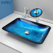 ZAPPO Tempered Glass Bathroom Vessel Sink with Waterfall Black Faucet Tap Bathroom Oval Blue Vessel Sinks Above Counter Basin