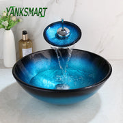 YANKSMART Blue Round Bathroom Tempered Glass Wash Basin Faucet Set Counter Top Washroom Basin Vessel Vanity Sink Mixer Tap