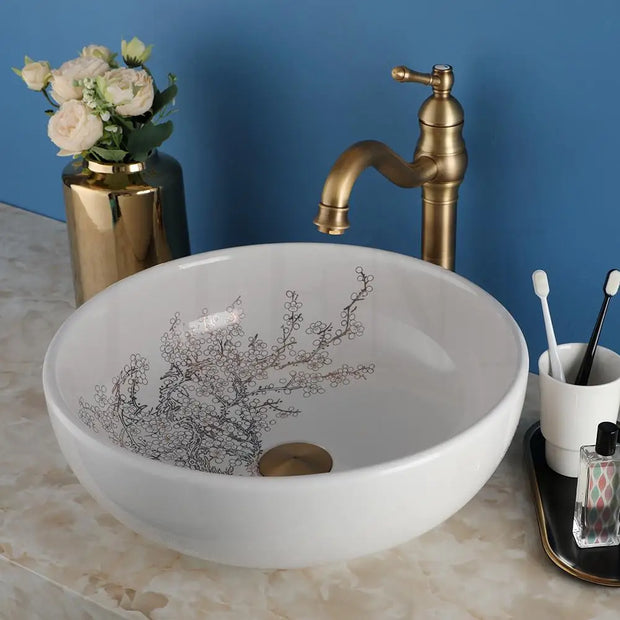 OUBONI Bowl Shaped Ceramic Bathroom Basin Set Art Flower Pattern Sink With Golden Or Antique Faucets Hot Cold Mixer Taps